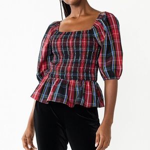 NWT Women’s Draper James RSVP elbow sleeved smocked Peplum Top Red plaid!